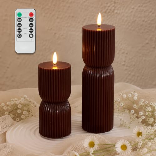 JOIONE Ribbed Fall LED Flameless Candles 2 Pack with Remote, Brown | Ribbed LED Candles with Flickering Glow, Remote Control, Battery Operated, Perfect Mood Lighting for Home Decor - color: Brown