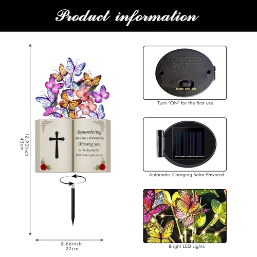 Solar Bible Cross Memorial Stake - Metal Silhouette Religious Grave Decoration for Cemetery - Flat Christian Cross Stake with Butterfly Lights - Cemetery Flower Decor for Grave, Sympathy Gift - style: Bible Cross with Flowers