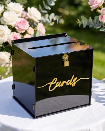 Black Acrylic Wedding Card Box with Slot and Lock, Modern Mirror Card Holder for Reception, Graduation, Gothic Party, Bridal, Baby Shower, Birthday, Elegant Decorative Gift Boxes for Money Envelope - color: Black