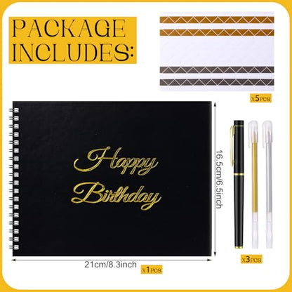 Mooliwe Birthday Guestbook with Pens Stickers Happy Birthday Signature Book 8.3 x 6.5 Inch Black Gold Birthday Guestbook for Birthday Photobooth Photo Strips Scrapbook Birthday Gift Party Supplies - color: Black