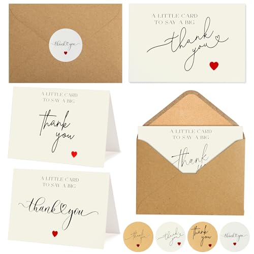 100 Bulk Thank You Cards with Kraft Envelopes and Stickers - 4 Minimalistic Designs Blank Thank You Notes with Envelopes and Heart for Business Wedding Bridal Gift Baby Shower Business Graduation - color: White With Heart