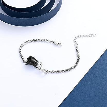 Rose Flower Ashes Bracelet for Women Cremation Memorial Jewelry - color: Black