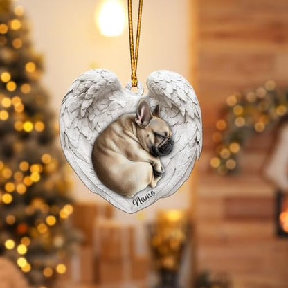 Sleeping Dog French Bulldog Memorial Ornaments with Custom Name, Forever in Our Hearts Ornament, Dog French Bulldog Angel Wings Ornament, Personalized Sympathy Gift for Loss of Pet