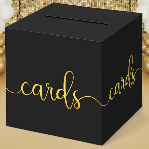 Hooqict Black Card Box with Slot 9.1" Gold Foil Gift Card Box for Party, Graduation, Wedding Reception, Birthday, Bridal or Baby Shower, Raffle Ticket Money Envelope Holder - color: Black Gold