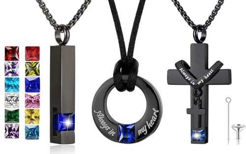 YOUFENG 3 Pieces Cremation Urn Necklaces for Ashes Keepsake Cremation Jewelry Cross Round Bar Birthstone Crystal Stainless Steel Memorial Pendant for Women Men - color: Sapphire