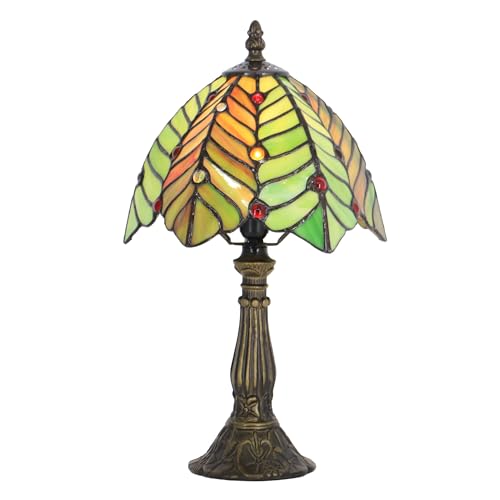Tiffany Table Lamp Stained Glass Bedside Accent Light 8X8X14.5 inch | Green Leaf Style Stained Glass Memory Sympathy Light Push Button Switch Vintage Resin Base Decor For Bedroom Living Room - color: Brown Green Leaf
