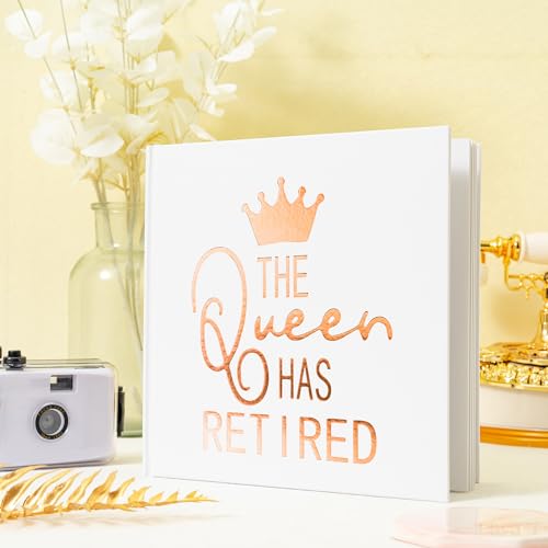 Calculs Retirement Party Guest Book for Mom The Queen Has Retired Guestbook Polaroid Picture Book 8.5” Square Hardcover Blank Pages for Instax White Cover Rose Gold Stamping - style: Contemporary