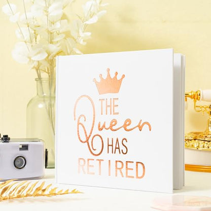 Calculs Retirement Party Guest Book for Mom The Queen Has Retired Guestbook Polaroid Picture Book 8.5” Square Hardcover Blank Pages for Instax White Cover Rose Gold Stamping - style: Contemporary