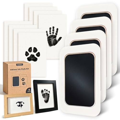 Inkless Paw Print Kit for Dogs, Cats & Babies-Clean Touch Mess-Free Paw & Handprint Impression Keepsake-Memorial Gifts for Pet Lovers & New Moms-4 Inkless Pads & Black & Natural Wooden Frames - color: Black+Natural Wood Frame，4-Pack