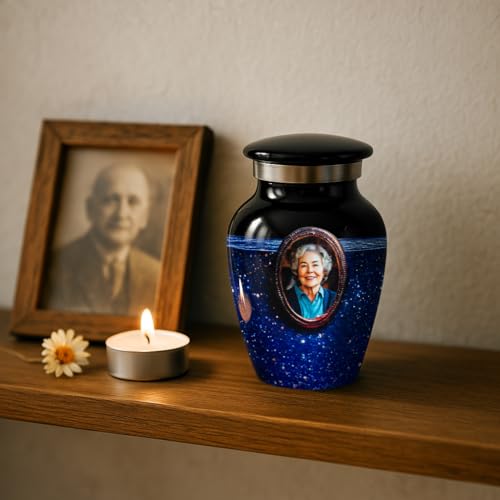 Blue Galaxy Photo Urn for Human Ashes – Personalized Cremation Tribute with Portrait, Name & Dates, Starry Sky Memorial Keepsake, Made in USA (Blue, Small) - size: Small