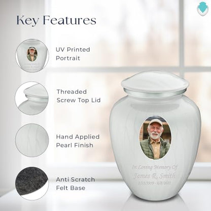 Geturns Embrace Adult Personalized Picture Cremation Urns for Human Ashes I Large Photo Pearl White Funeral Urn for Men and Women I 200 lbs - color: Pearl White