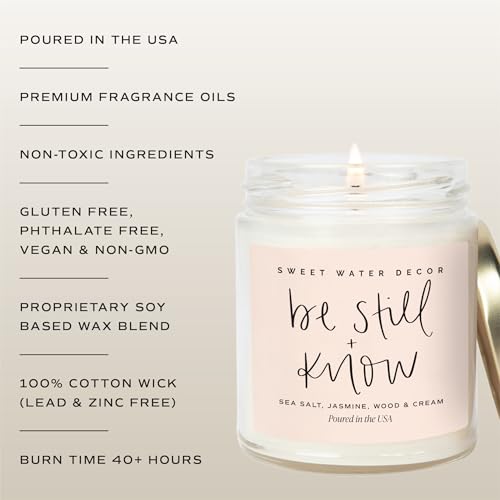 Sweet Water Decor, Be Still and Know, Sea Salt, Jasmine, Cream, and Wood Scented Soy Wax Candle for Home - Christian Candle Gifts for Women - 9oz Clear Jar, 40 Hour Burn Time, Made in the USA - style: Be Still and Know
