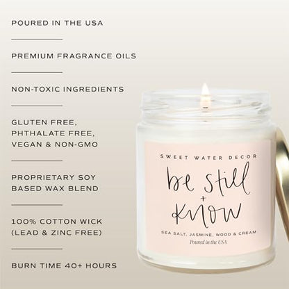 Sweet Water Decor, Be Still and Know, Sea Salt, Jasmine, Cream, and Wood Scented Soy Wax Candle for Home - Christian Candle Gifts for Women - 9oz Clear Jar, 40 Hour Burn Time, Made in the USA - style: Be Still and Know