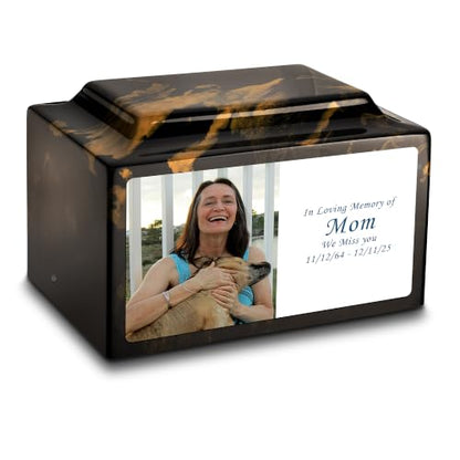 GetUrns Cultured Marble Urn Vault by Mackenzie with Personalized Picture and Text for Human Ashes I Black & Gold Adult Urns for Male and Female I 210lbs - color: Black & Gold