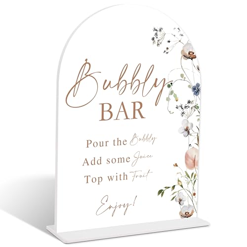 Boho Floral Bubbly Bar Sign, Arch Acrylic Sign with Stand, Wedding Signage for Reception, Bridal Shower Table Decor, Engagement Party Decorations, Wedding Must Haves for Reception, 6x8 Inches, 04 - color: Bubbly Bar Sign, 04