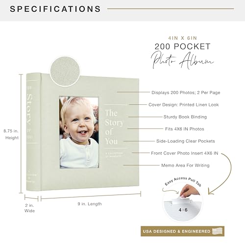 MCS The Story Of You Sage Linen Photo Album, 200-Pocket, 4x6, 12x12 Pages | Scrapbook-Style Keepsake Photo Album With Memo Space, Clear Side-Loading Pockets, Thoughtful Gift - style: Story of You