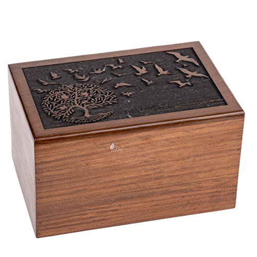 Rosewood Urn for Human Ashes, Tree of Life with Birds, X-Large 380 lb | Hand-carved solid sheesham rosewood, screw-locked sliding base, engraving available, holds up to 380 lb - color: Tree of Life With Birds, size: X-Large (380 lb)