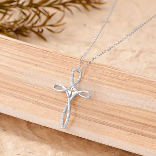 PROESS Cross Necklace for Women Men Sterling Silver Rose/Sunflower Cross Pendant Religious Jewelry Christmas Birthday Mothers' Day Gifts - color: 12-Zircon Cross