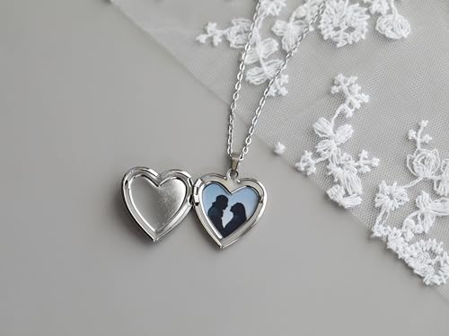 Handmade Heart Shaped Dried Pressed Forget Me Not Flower Photo Locket Pendant Necklace - color: Silver, style: PINK+GREY