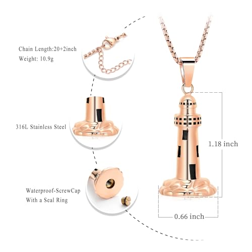 Oinsi Urn Necklace for Ashes Men's Cremation Jewelry Lighthouse Memorial Urn Necklace For Loves One Ashes Holder with Filling Kits - color: Rose Gold