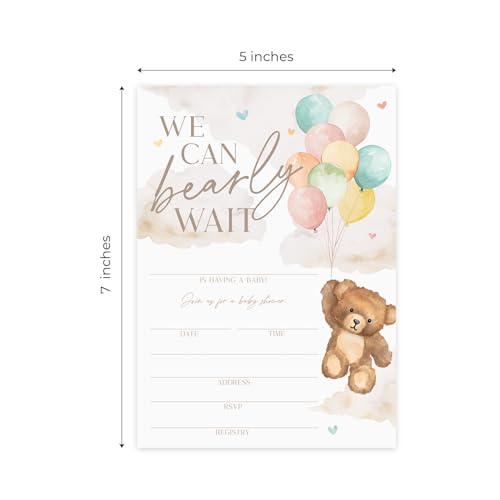 We Can Bearly Wait Baby Shower Invitations / 25 Barely Wait Teddy Bear Gender Neutral Baby Shower Invites With White Envelopes / 5" x 7" Flat Fill In Gender Reveal Boy Or Girl Invitation Cards / Made In The USA - color: Bear and Balloons