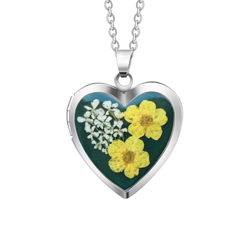 Handmade Heart Shaped Dried Pressed Forget Me Not Flower Photo Locket Pendant Necklace - color: Silver, style: YELLOW+DG