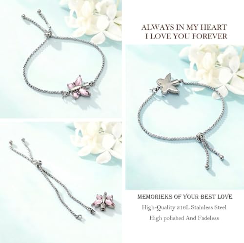zeqingjw Cremation Jewelry Butterfly Urn Bracelet for Ashes for Women Stainless Steel Adjustable Urn Bangle Memorial Keepsake Ash Holder Bracelet - color: Pink