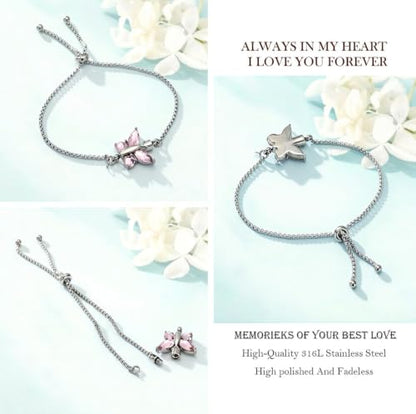 zeqingjw Cremation Jewelry Butterfly Urn Bracelet for Ashes for Women Stainless Steel Adjustable Urn Bangle Memorial Keepsake Ash Holder Bracelet - color: Pink