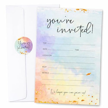 Paper 'n Such Blank Party Birthday Invitations With Envelopes For All Occasions, Set of 25 - Weddings, Bridal Showers, Engagement, Graduation, Fill In Colorful Watercolor Invites -Kids or Adults