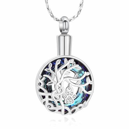 Imrsanl Tree of Life Urn Necklace for Ashes Paw Print Circle of Life Cremation Jewelry Keepsake Pendant Memorial Pet Ashes Holder for Women Men - color: Silver-Blue