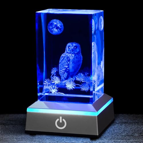 3D Owl Crystal Night Light with Multicolor LED Base Glass Laser Engraved Owl Figurines Lamp Gifts for Boys Girls Lovers Birthday Christmas Room Decor - color: Owl