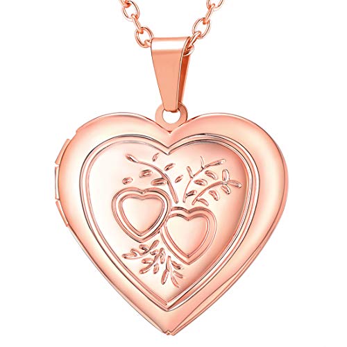 U7 Women Locket Necklace, Heart Photo Lockets Hold Picture, Gift Box Packed - color: 03# Rose Gold*2 Heart