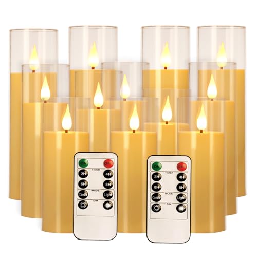 fclayvts 12 Packs of Acrylic LED Candles, Flickering Flameless Candles Battery Operated with Remote Dimmed and Timed, 3D Wick Candles for Home Decor,Wedding,Gift，Parties and Festivals. (3 Size Ivory) - size: 12-Pack-Acrylic