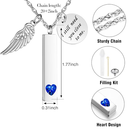 XIUDA Cremation Jewelry for Ashes with Angel Wing Charm Vertical Bar Urn Necklace Stainless Steel Memorial Keepsake Pendant for Women - color: Blue