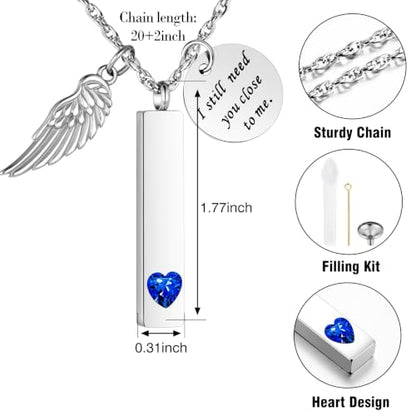XIUDA Cremation Jewelry for Ashes with Angel Wing Charm Vertical Bar Urn Necklace Stainless Steel Memorial Keepsake Pendant for Women - color: Blue