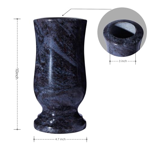 Cemetery Granite Vase for Grave, Natural Stone Heavy Headstone Flower Holder, 10 Inches Height, 4.7 Inches Diameter