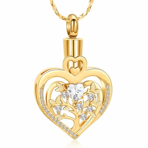 Imrsanl Tree of Life Heart Urn Necklace for Ashes Loved Ones Keepsake Cremation Jewelry Funeral Memorial Ashes Holder Pendant for Women - color: Gold-White
