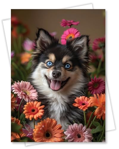 Pomsky with Flowers All Occasions Greeting Card - Dog with Flowers from Unique Dogs Party Delights Collection - Large 5x7 Inch - Blank Inside with A7 Invitation Style White Envelope | 5x7 Inch Card, Blank Inside, Premium Silk Cardstock, Made in USA by USA