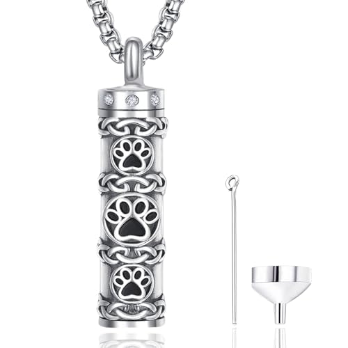 Pet Cremation Urn Necklace for Dog Cat Ashes 925 Sterling Silver Paw Print Keepsake Pendant Celtic Knot Memorial Jewelry for Women Men - style: 00A-Vial Urn-(Silver)