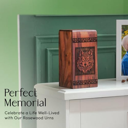 Wolf Wooden Box Urn - Wooden Urns for Human Ashes Adult - Sophisticated Adult - Male Ashes Wooden - Urn with Engraved Wolf - Design for Memorials - Large Urn for Ashes, 11.25x6.25INCH | Funeral Wood Container, Decorative Urns for Human Ashes, Elegant Home