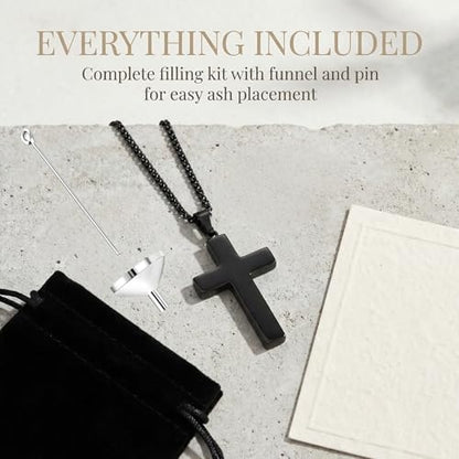 Cross Urn Necklaces For Ashes, Black Cross Ashes Necklace For Men Women, Stainless Steel Memorial Ash Holder Pendant, 'With Me Always' Keepsake Cremation Jewelry With Filling Kit & Velvet Bag