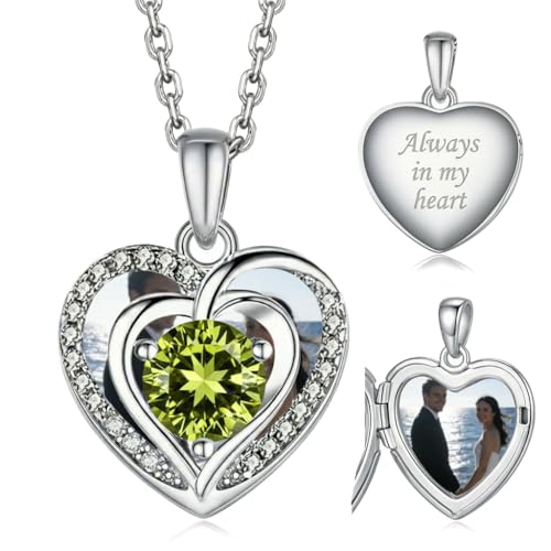 Locket Heart Necklace that Holds Pictures Photo Lockets Birthstone Pendant Anniversary Memorial Jewelry Gifts for Women - color: 08-August-Silver-Heart Locket