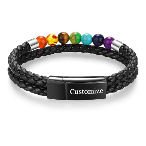 abooxiu Cremation Bracelet for Ashes Urn Bracelets Cremation Jewelry Lava Rock Bead Braided Leather Ash Bracelets Memorial Bracelet for Ashes Healing Ashes Keepsake Bangle Wristband for Men Women - style: Engraved-7 Chakra Beads