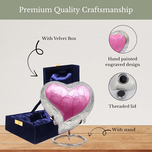 NORSE'S TRADECRAFT Heart Mini Urn for Ashes Adult Male, Female, 3 cu in | Memorial Gifts with Velvet Box & Stand, Handcrafted Cremation Urns for Human Ashes, Pets, Pink Heart with Floral Border