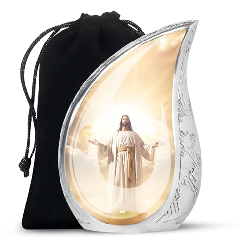 Jesus Christ Large Urns for Human Ashes Adult Female - Cremation Urn for Human Ashes Adult Male - Burial Gift for Remains - 10inch & 200 Cubic Inches Capacity Include Velvet Bag - color: Jesus Christ in Front of the Holy Cross in Sky
