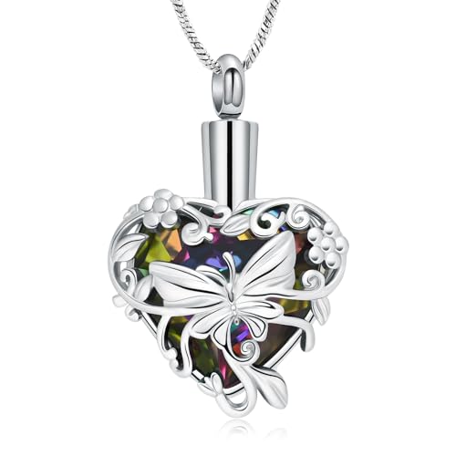 Yinplsmemory Butterfly Cremation Jewelry Urn Necklace for Ashes for Women - color: Rainbow