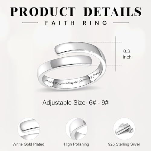 BEILIN 925 Sterling Silver Inspirational Jewelry Rings Adjustable Ring Personality Encouragement Gift for Teens Women - style: Always my granddaughter forever my friend