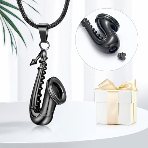 memorial jewelry Music Urn Saxophone Horn Chain Necklace Cremation Ash Keepsake Pendant - color: Black