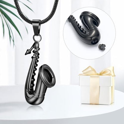 memorial jewelry Music Urn Saxophone Horn Chain Necklace Cremation Ash Keepsake Pendant - color: Black