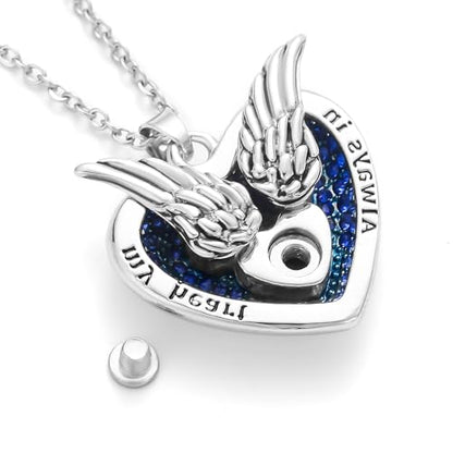 MeiceM Heart Crystal Urn Necklace for Ashes A Piece Of My Heart Lives In Heaven Cremation Jewelry Angel Wings Memorial Keepsake Pendant - color: white gold plated